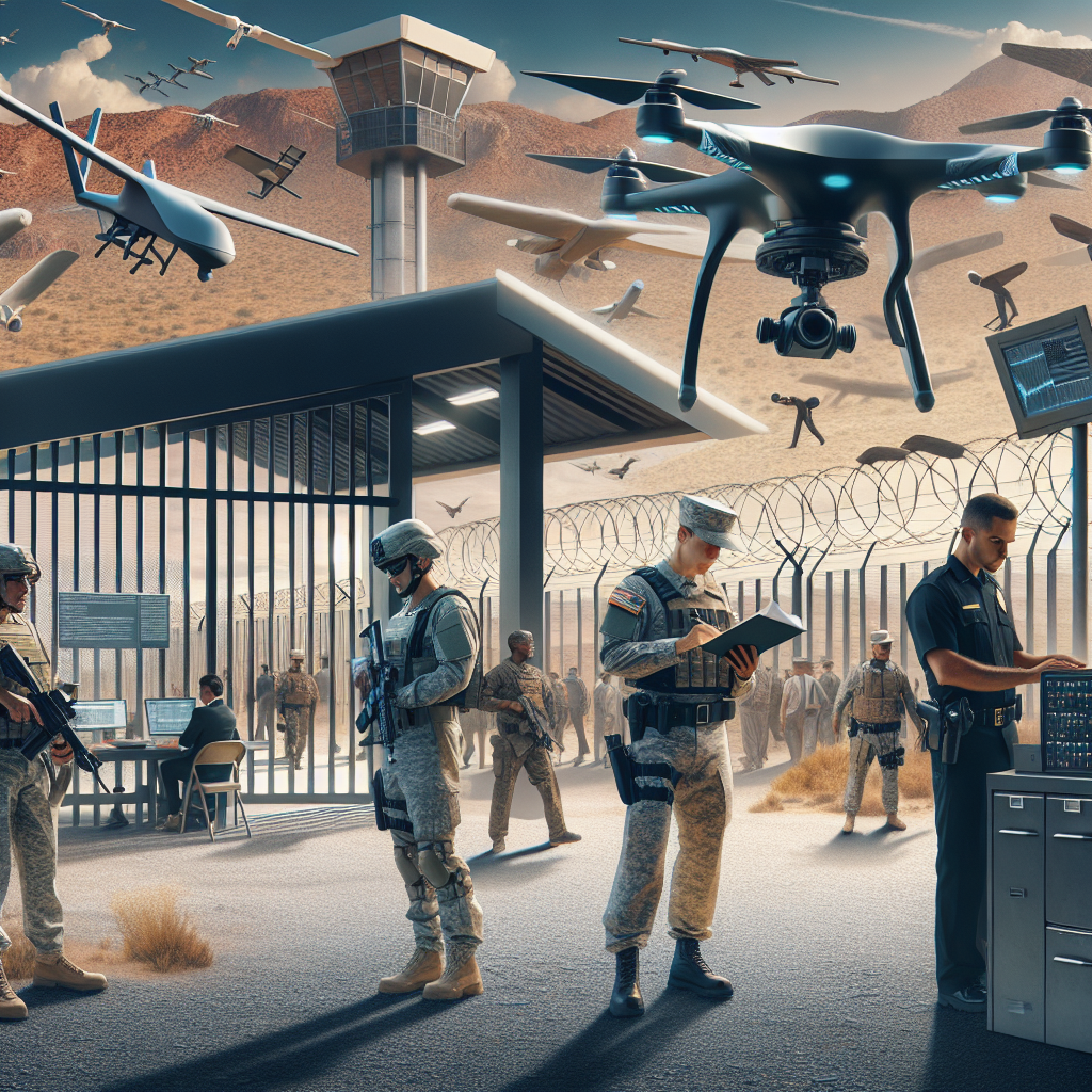 An image of a sturdy and high-tech border security system in a desert setting. The scene includes advanced surveillance technologies such as drones and security cameras. Additionally, it features a thoroughly guarded entrance gate with uniformed security personnel of various descents and genders. Scenes of law-enforcement officers, both male and female, from Hispanic, Caucasian, and Black descent are handling paperwork methodically. This image should convey an atmosphere of orderly operations and deterring intentions, highlighting the changes in U.S immigration policies.