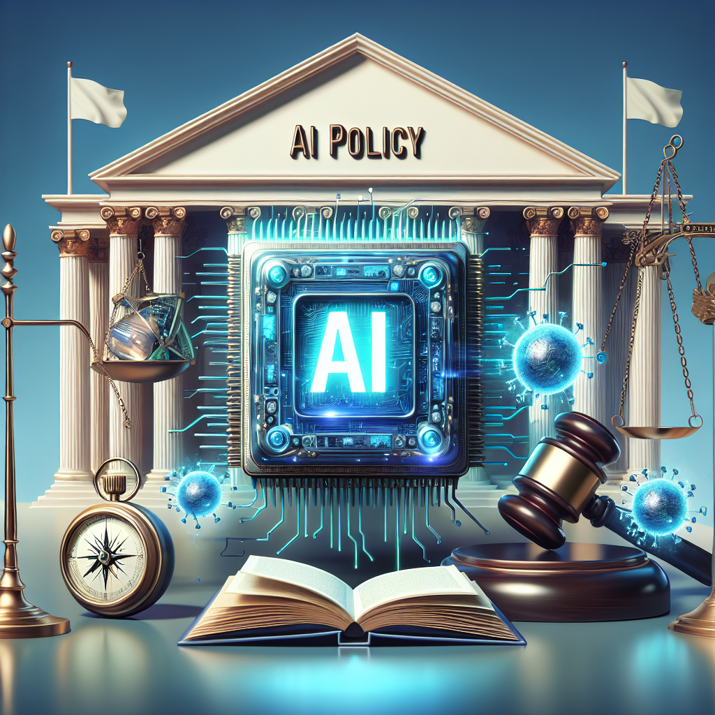 The image illustrates a symbolic representation of AI regulation. In the center, there's a large. 3-dimensional AI chip with various complex circuits glowing in blue light. Hovering around it are various symbolic elements - a gavel representing law and regulation, a compass suggesting direction and strategy, and an open book symbolizing education and knowledge. In the background, there's a grand white building with pillars and a flag, representing the administrative institution but not necessarily resembling any real governmental building. A phrase 'AI Policy' is floating above the scene in brass lettering.