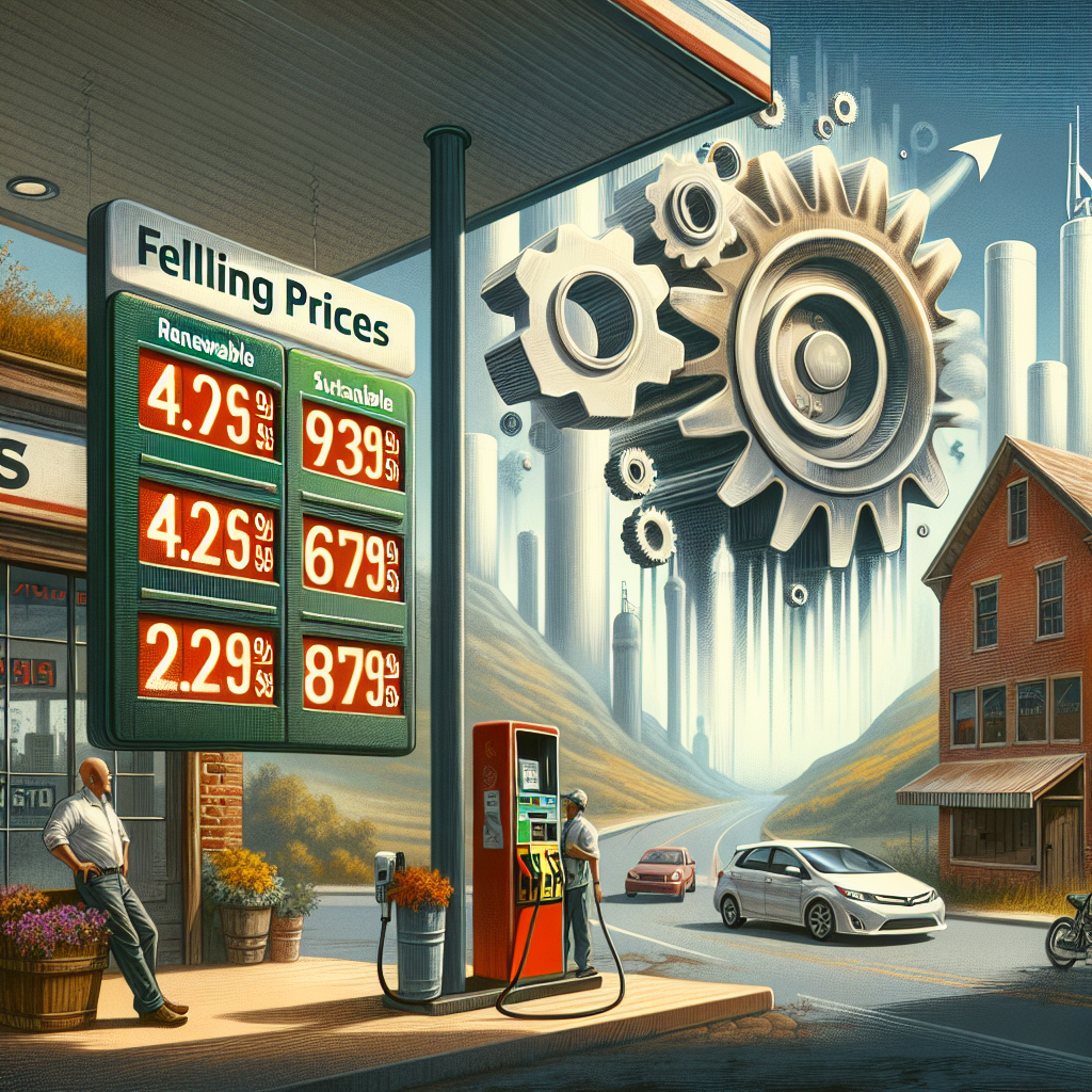 Create an image capturing the falling gas prices. The foreground shows a traditional gas station with a signboard reflecting decreasing prices. In the background, illustrate a metaphorical representation of 'US Energy Policy Shifts'; possibly a large gearshift labelled with words 'Renewable', 'Sustainable', and 'Eco-friendly'. The environment around the station presents a blend of urban and rural scenery, symbolizing the nationwide impact. Including people in the scene, a Caucasian male customer and a Hispanic female station attendant, signifies the change affecting everyone. The style of the image should be semi-realistic.