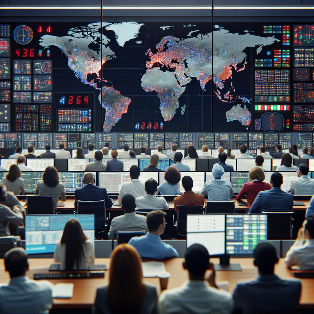 A large control room filled with diverse operators, some Caucasian, some Hispanic, others of Asian descent, both male and female. They are attentively focused on a spread of multiple large screens showcasing different segments of a national power grid map, each highlighted in various colors to showcase their operational status. A section of the map on the main screen is flashing red, signifying a power outage. A diverse group of engineers, some Middle-Eastern, some Black, some White, both men and women, are in the background discussing plans and strategies to mitigate the situation.