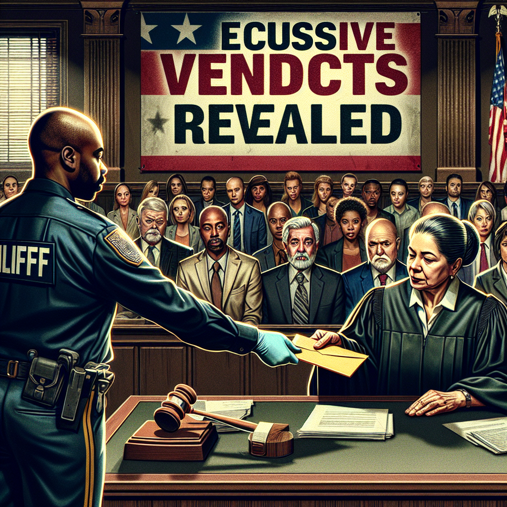 A tense courtroom scene during a high-profile criminal trial in the United States. A bailiff, a middle-aged African-American man, hands over an envelope to a stern Hispanic female judge sitting at the bench. A captivated audience, filled with men and women of different descents such as Caucasian, South Asian, Middle Eastern, and more, looks on. The courtroom features a large American flag. The title 'Exclusive Verdicts Revealed' is artistically incorporated into the image.