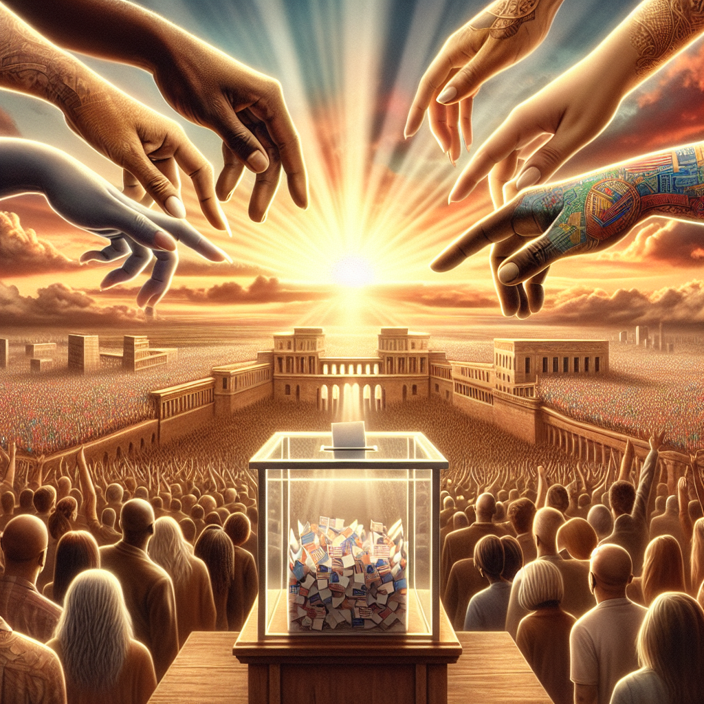 Create an image to present a visionary approach to post-election resilience. Showcase a still-life of diverse human hands, representing different descents like Caucasian, Hispanic, Black, Middle-Eastern, South Asian, and White, collectively casting votes into a transparent ballot box. Evolve the successional perspective to a future scene of a resilient election system, visualized as a sturdy fort, embodying strength and integrity, lit brightly with the rays of sunrise promising a new dawn. Create a background that subtly depicts an intertwining mix of urban and rural landscapes, symbolizing inclusivity across all regions. The style should be realistic but with a touch of romanticism to emphasize emotion and idealized beauty.