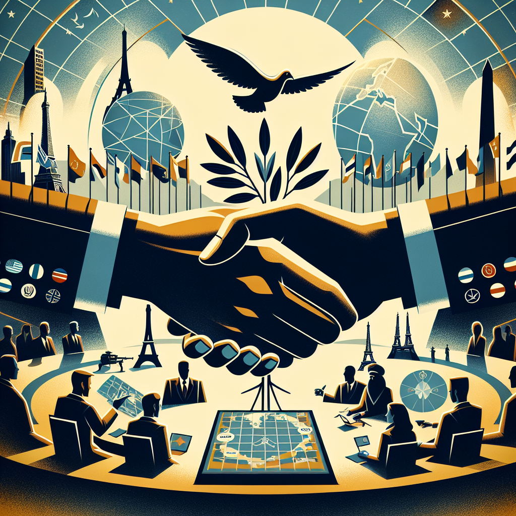 An illustrative image depicting a concept of global security. On the left part of the image, a table with multiple symbols representing different countries, with some flags draped across, suggesting international collaboration. A strategic game board can also be added for the demonstration of military strategies. On the right portion, an olive branch signifying the concept of peace, with a dove soaring above it. Skyline silhouette of different major world landmarks such as the Eiffel Tower, Pyramids, Great Wall of China, etc., in the background showing a global aspect. The overall theme should be in a color palette conveying seriousness and respect.