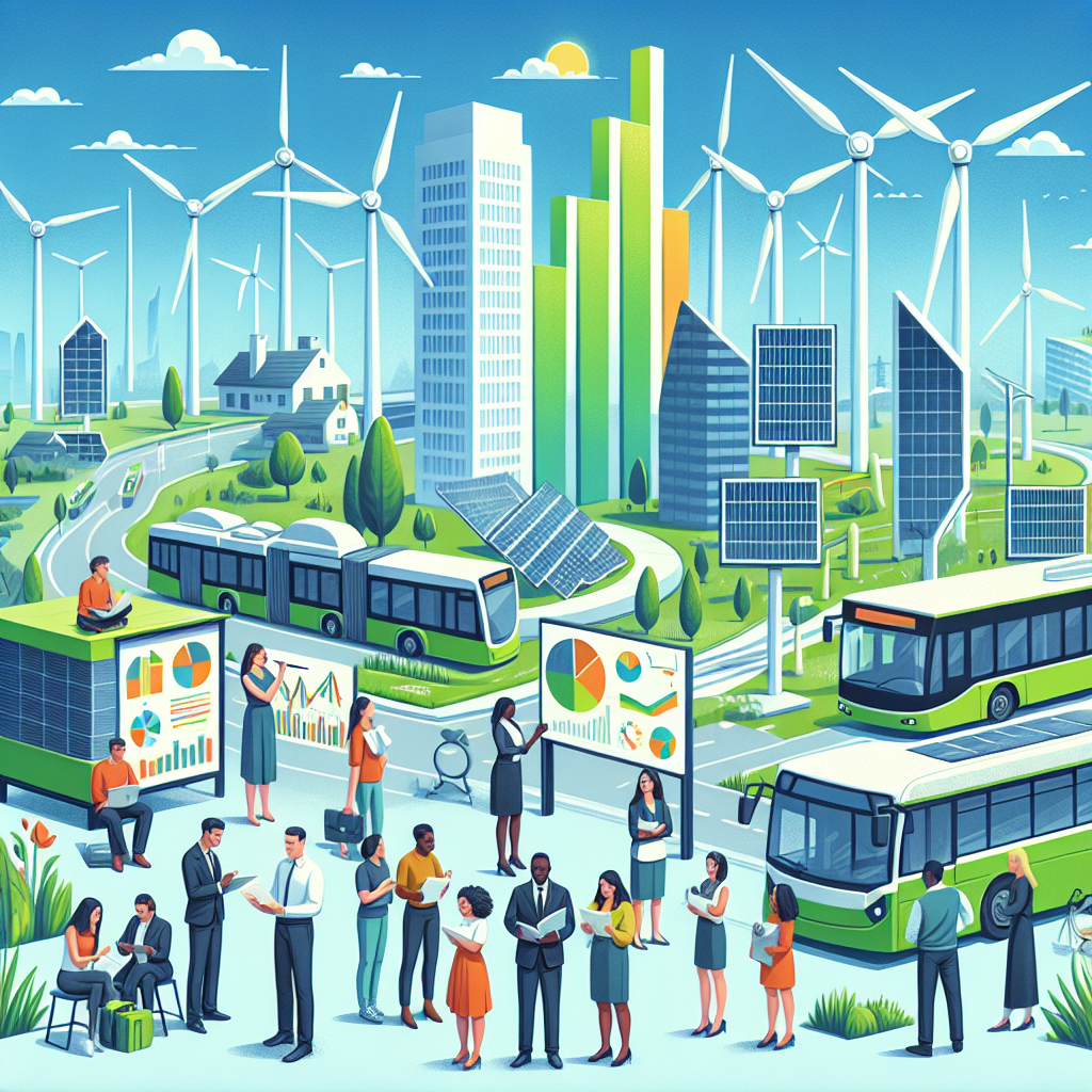 A serene visual illustration of a progressive cityscape featuring advanced wind turbines, rooftop solar panels, and electric public transport buses. There is a group of people, representing various descents such as Caucasian, Hispanic, Black, Middle-Eastern, South Asian, and White - gender-balanced with both women and men - huddled together, poring over documents inscribed with bar graphs, pie charts and maps. These symbols represent climate change legislation and clean energy investments. Bright hues of green symbolizes climate-friendly strategy, against a backdrop of a clear blue sky, demonstrating a positive and sustainable future.