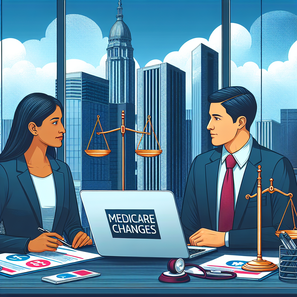An illustrative representation of a healthcare scene: Two individuals, one South Asian woman and one Hispanic man, both in professional attire, discussing over a table filled with documents and a laptop. On the laptop screen, display the text 'Medicare Changes'. Background setting could be an office with large open windows revealing a city sprawl. Also include a balance scale in the foreground symbolizing affordable healthcare coverage.