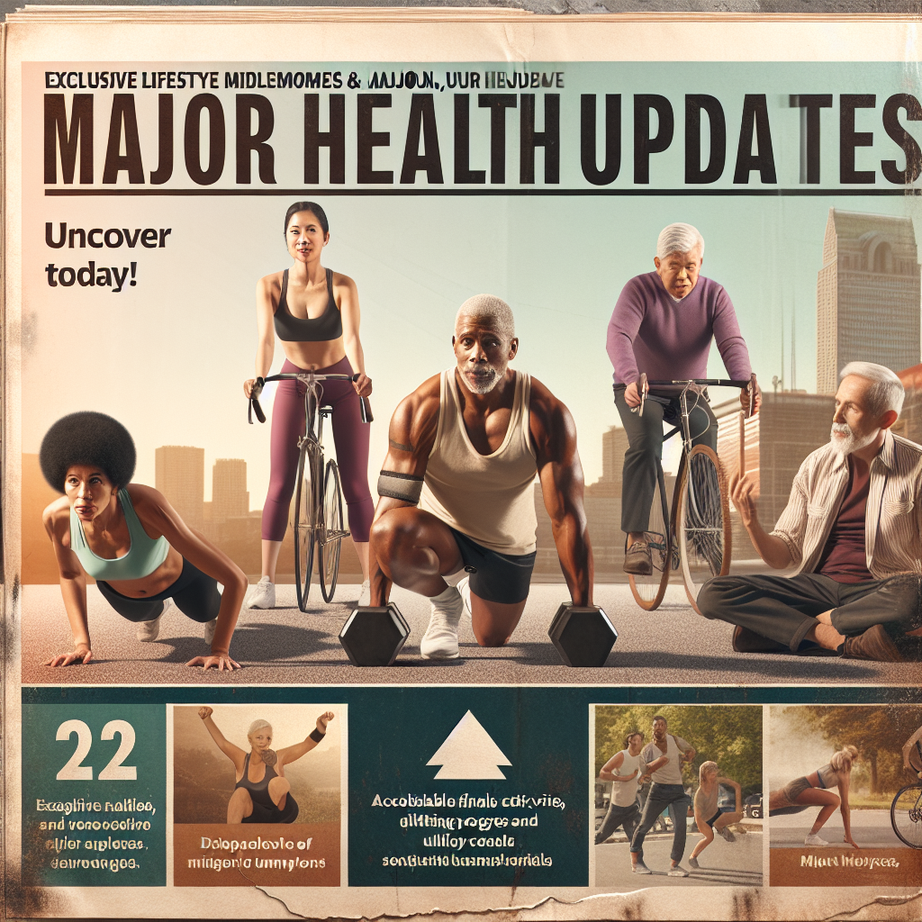 Create an image representing an article cover for major lifestyle and health updates. A fitness routine scenario featuring diverse group of individuals; a middle-aged Caucasian male doing push-ups, a young Black female doing yoga, a senior Hispanic male lifting dumbbells, and an Asian woman urban cycling. They all exhibit radiant health and vitality. Depict achievable physical activities, display of substantial progress, and feelings of accomplishment. In the forefront, a large, attractive, vintage-style text headline reads 'Exclusive Lifestyle Milestones & Major Health Transitions - Uncover Today!'