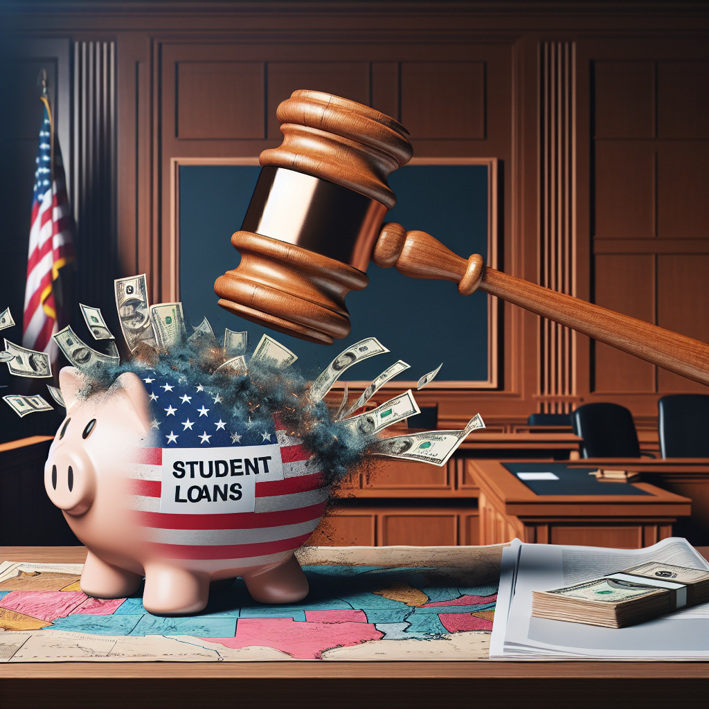 Image concept: A symbolic representation of the impact of Supreme Court rulings on student loans. A large, aged gavel symbolizing the Supreme Court is hitting a piggy bank labeled 'Student Loans' on a map of the United States. The shockwave from the impact is causing dollar bills to fly out of the piggy bank, illustrating the influence on affordability. The image is in a courtroom setting suggestive of gravity, with elements such as the American flag, wooden paneling, and legal documents scattered across a desk.