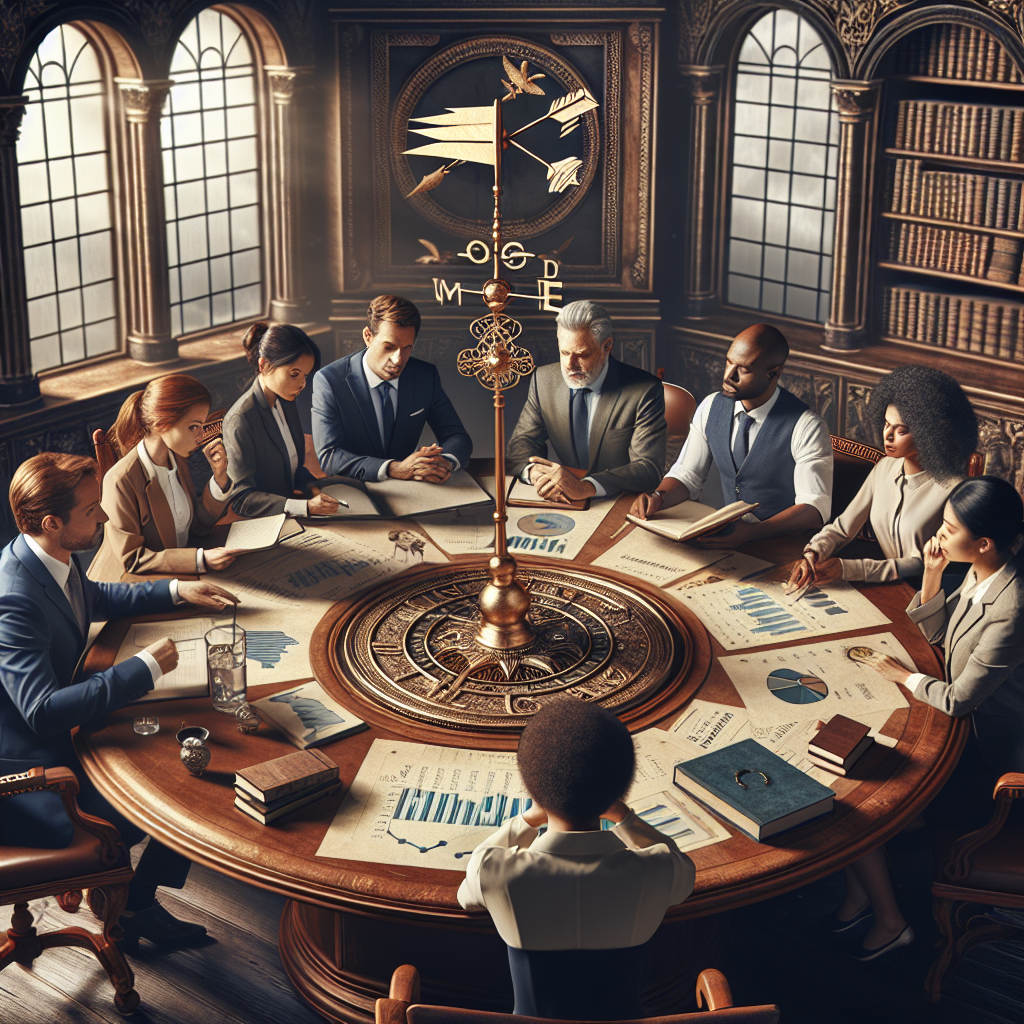 Visualize an image representing the concept of financial decision making. Picture a large, wooden round table in an ornate boardroom with antique style. Several people of different genders and descents, such as a Caucasian woman, a Middle-Eastern man, a Black woman, and a South Asian man, are sitting around the table discussing economics. They look thoughtful and engaged as they examine documents, charts and graphs depicting interest rates, and a weather vane symbolizing 'positive outlook' is set in the middle of the table. The room is filled with books and a large wall clock, symbolizing the importance of time in these decisions.