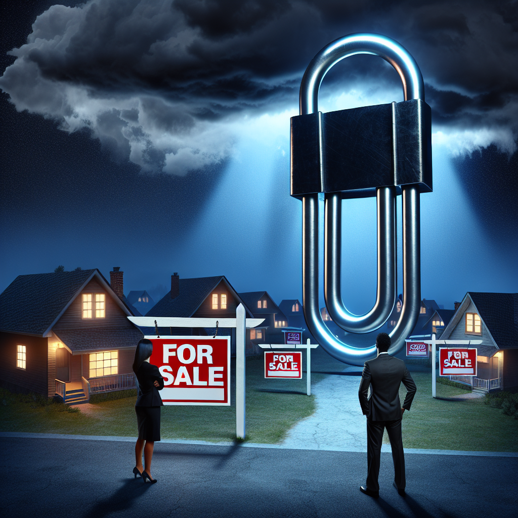 Visualize a concept showing a suburban neighborhood under a dark, cloud-filled sky, symbolizing a gloomy economic outlook. Houses in the foreground feature 'For Sale' signs strikingly illuminated against the dark background, and in the background, a giant paperclip, symbolizing mortgage, is rising up, casting a long shadow over the houses. Two people, a Hispanic woman and a Black man, both dressed in business attire, are observing the scene with concerned expressions, representing home buyers affected by the rising rates.