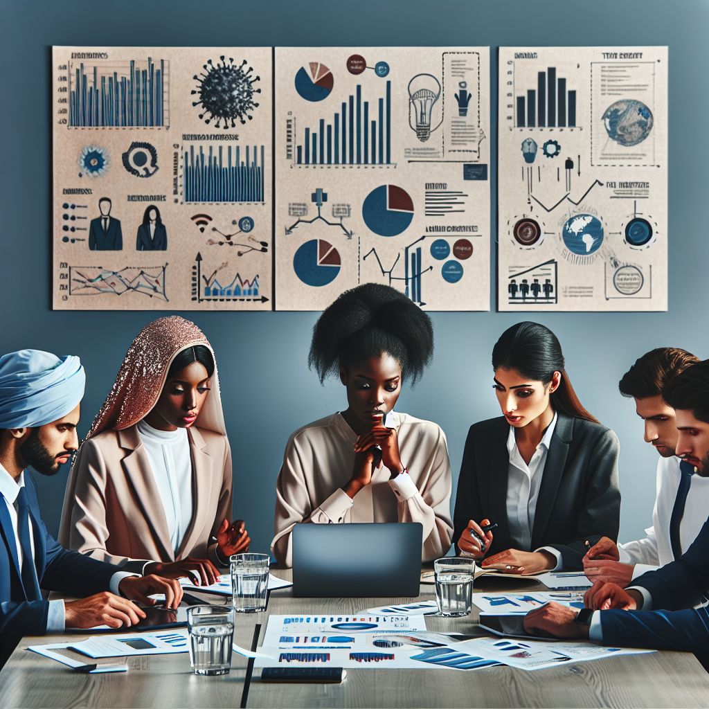 Picture an image of a group of IT professionals in a modern office. Depict a diverse mix of individuals: a Middle Eastern man, a Black woman, a Caucasian woman, and an Hispanic man. They are discussing strategies at a conference table with diagrams, charts, and a laptop illustrating tech industry trends. There are books on the table about resilience and industry adaptability. The expressions on their faces denote focus and perseverance, a collective commitment to overcome challenges. The wall in the background showcases bar charts and pie graphs depicting layoffs and tech sector dynamics.