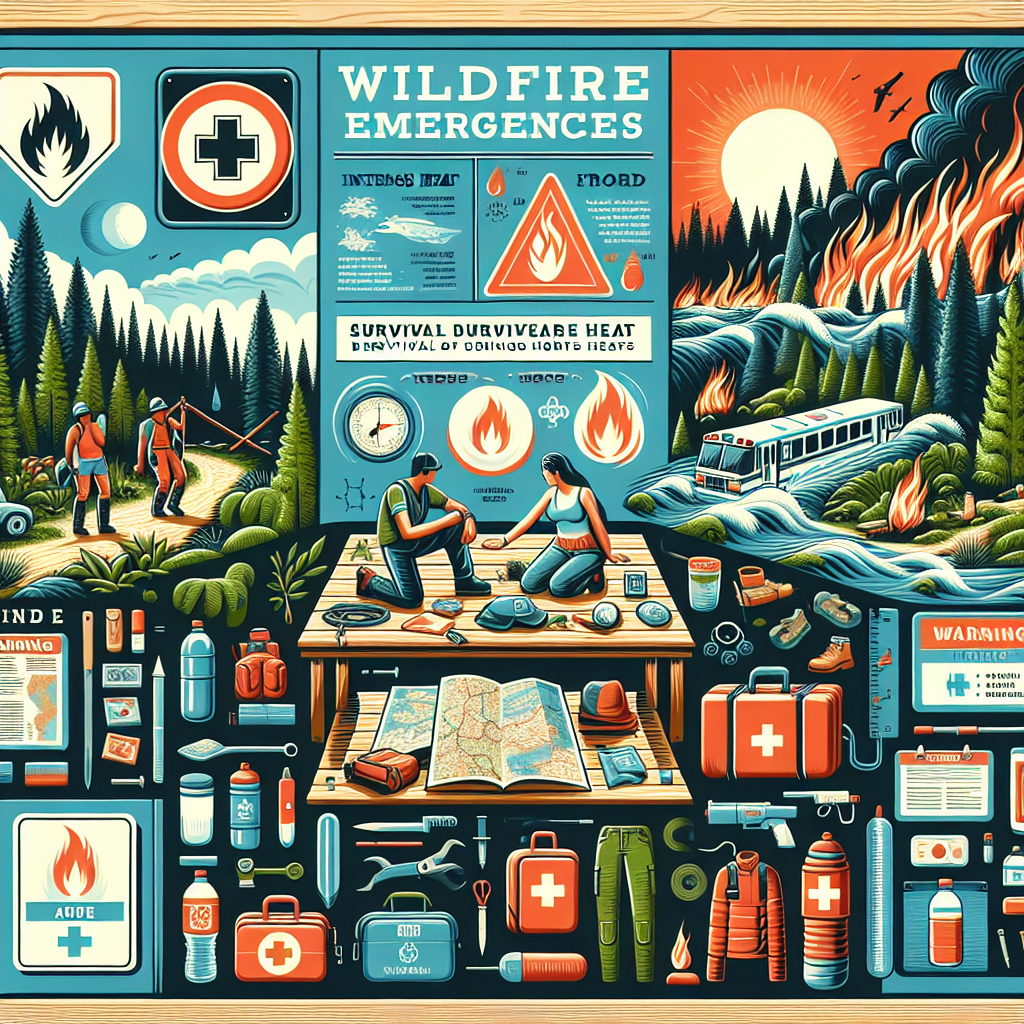 An informative scene dedicated to wildfire emergencies and survival during extreme heatwaves. The image should depict a forest with several warning signs, one for wildfires & one for intense heat, showing the sun at its zenith. Include an array of necessary survival gear like a water bottle, a map, a first-aid kit and protective clothing all placed on a wooden table. Also, visualize two individuals actively engaged in survival preparation, a South Asian female and a Hispanic male. Add a symbolic representation of the extreme heat, like waves of heat rising from the ground.