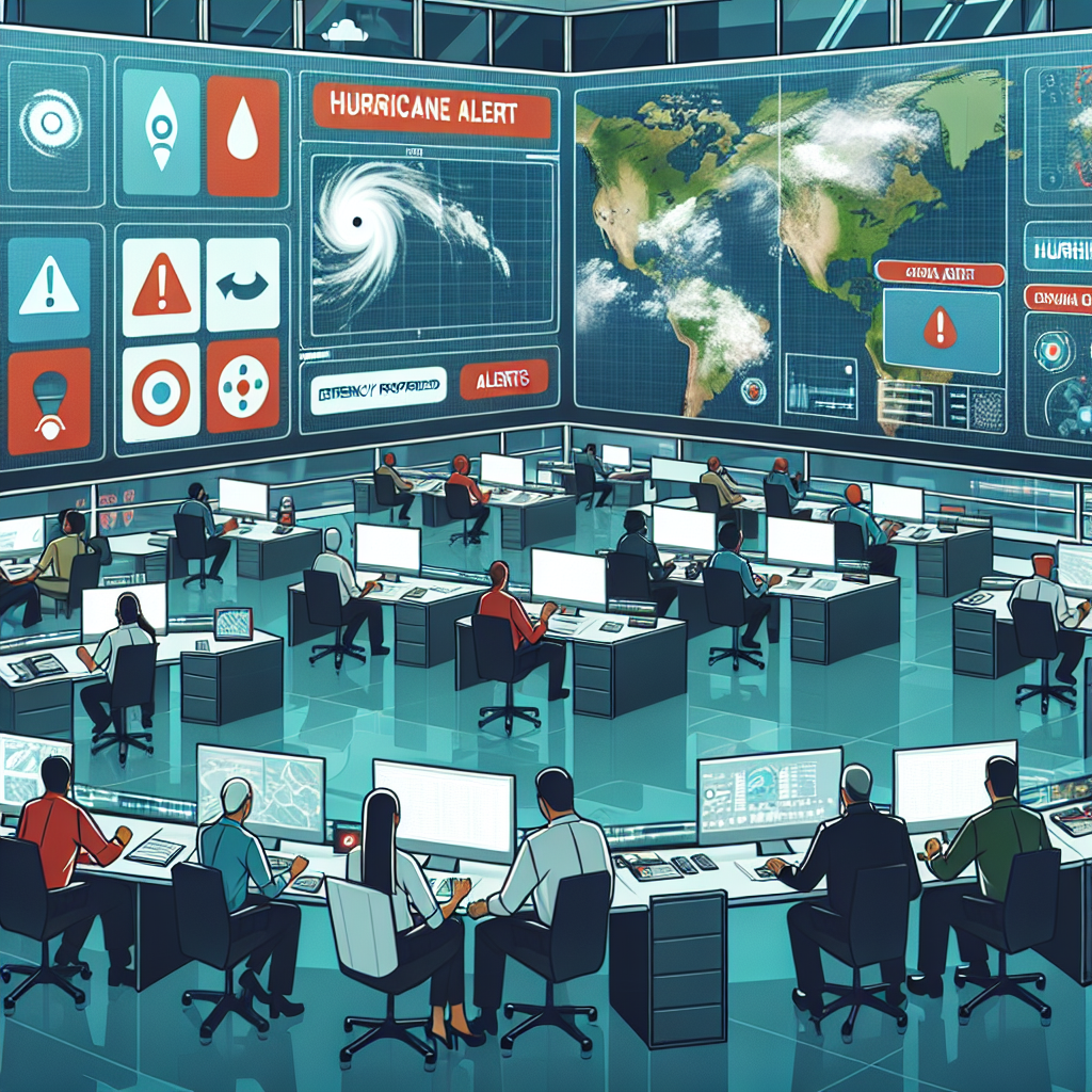 Illustrate a high-tech command center full of diverse emergency response people. They should be involved in various activities related to hurricane preparedness, such as monitoring weather patterns on high-resolution screens, discussing strategies on a giant electronic map, and communicating urgent messages on radios. Display alerts with texts like 'Hurricane Alert' and 'Emergency Preparedness' appearing on their screens. The atmosphere should be intense but professional, underscoring the importance and severity of hurricane season.