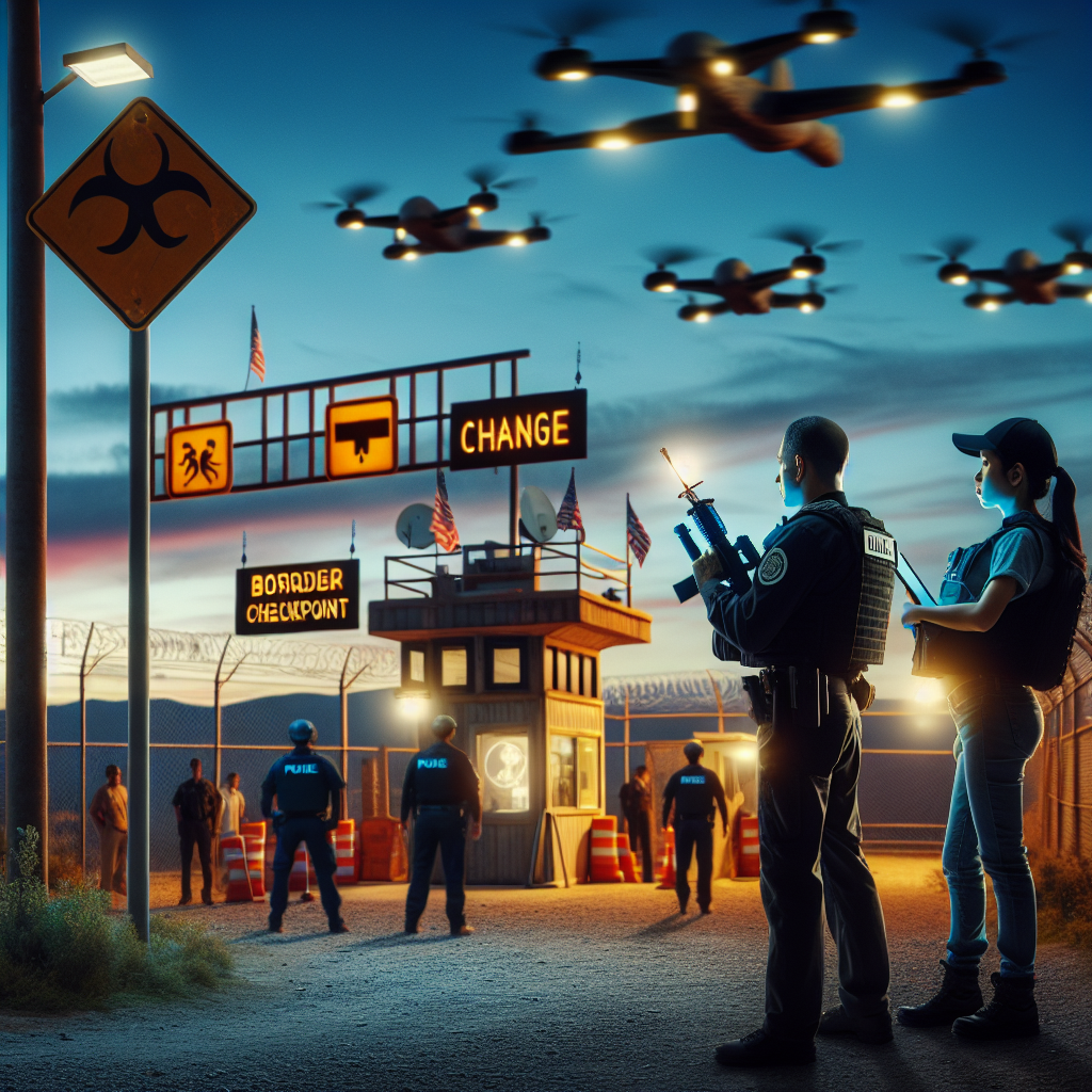 Visualize a conceptual image for an article regarding immigration policy changes. This should include symbolic elements like a border checkpoint or gate, with signs indicating change or updates. Highlight the importance of security with elements such as patrol officers and high-tech surveillance equipment. The setting of this image is at dusk, adding a dramatic touch to the scene. The patrol officer is a middle-aged South Asian male, and the surveillance operator is a young Hispanic female. Please do not include any sensitive or offensive imagery.