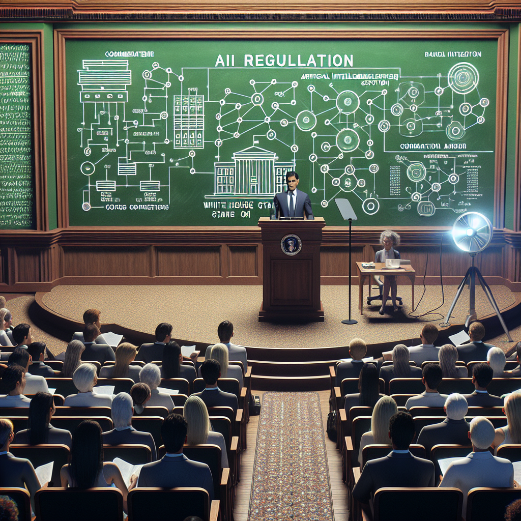 Portray a well-lit, spacious lecture room. On a grand wooden podium, there is a commencement speaker, a middle-aged, South Asian man, directly addressing the attendees about 'AI Regulation'. Behind him is a large, green chalkboard filled with a diagrammatic scheme of artificial intelligence systems - nodes, connections and flowcharts. A projector next to the speaker casts a light towards a pull-down screen depicting the words 'White House Stance on Artificial Intelligence.' There is a bountiful audience, with people of different genders and descents - White, Hispanic, Black, Middle-Eastern, and South Asian, attentively listening and taking notes.