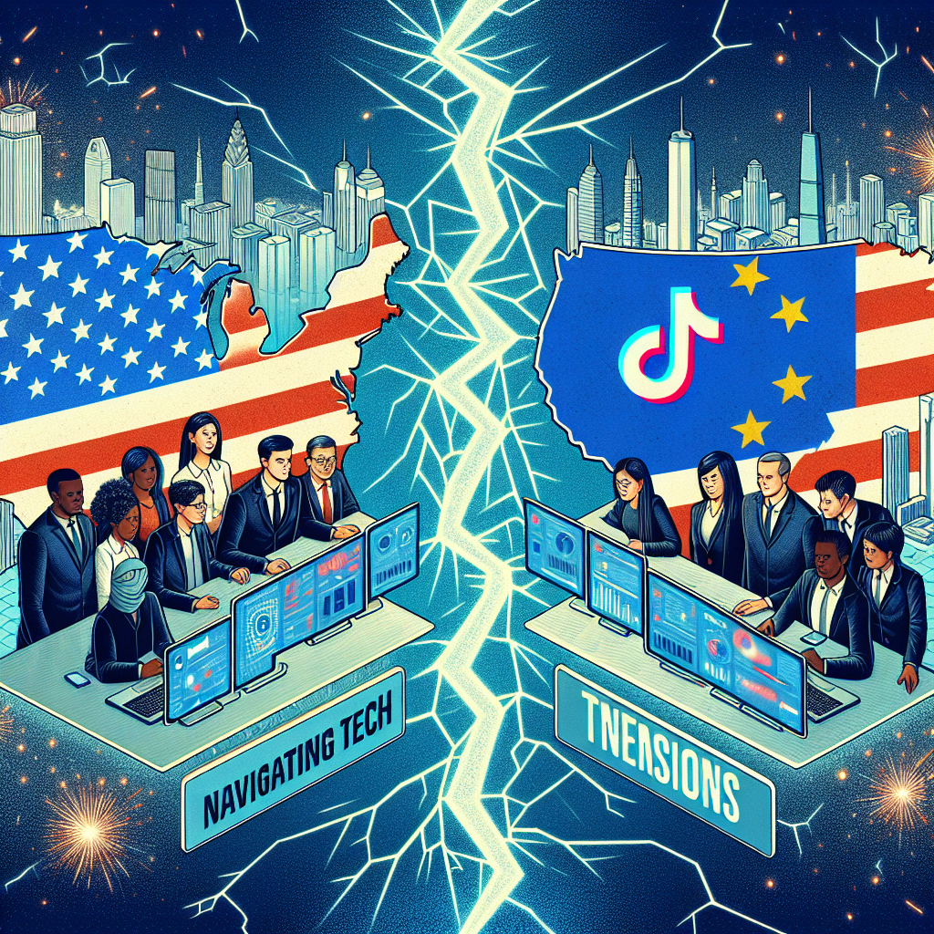 An intricate illustration of a US and China map divided by a sparking, crackling rift symbolizing tech tensions. On the US side, a group of business people, comprised of a Caribean man, Caucasian woman, and South Asian man are discussing over a large screen displaying the TikTok logo. On the China side, similar team of a Hispanic woman, Middle-Eastern man, and Black woman are analyzing a large screen with the same logo. Overlying this scene is a bold, semi-transparent banner with the words 'Navigating Tech Tensions'.