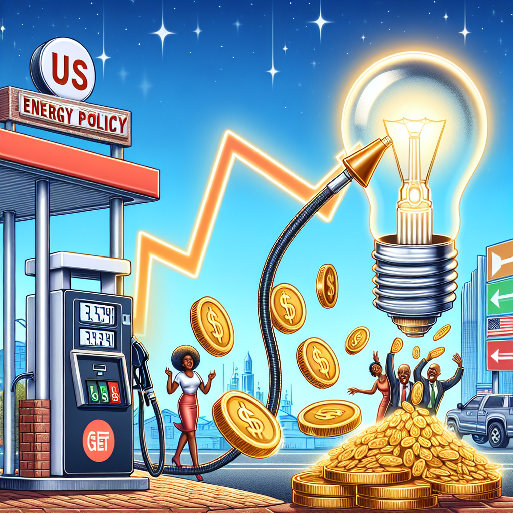 Create an illustration that depicts a symbolic representation of declining gas prices in the United States. The scene includes a large fuel pump with a price indicator that is decreasing rapidly. Instead of fuel, gold coins are flowing out of the nozzle, signifying the consumer savings. Nearby, a woman of African descent and a man of Hispanic descent are celebrating due to the reduced prices. Accentuating the changes facilitated by the energy policy, show a document labeled 'US Energy Policy' transforming into a glowing energy-efficient light bulb. The backdrop is a gas station nestled in an urban setting with clear, blue skies.