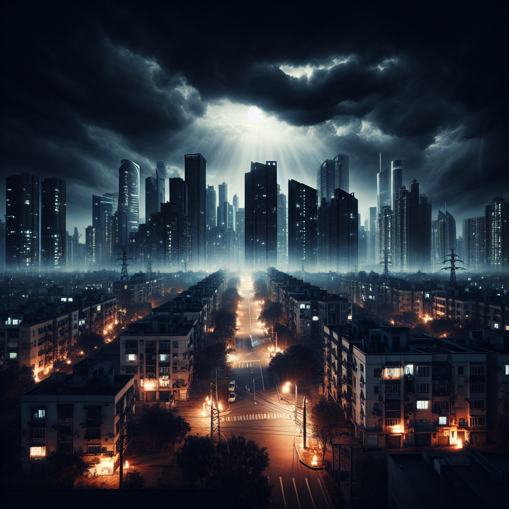 An eerie image captures the widespread fear of a possible power grid failure. The setting is a large city with massive skyscrapers at night, usually bright and alive but now shrouded in darkness. Streetlights, normally casting pools of light on the deserted streets, are switched off, leaving only the dim light of the moon to outline the structures. A few candles illuminate the windows of a residential building in the foreground, indicating people's attempts to cope with the situation. Foreboding storm clouds gather, representing the looming risks and warning of a nationwide blackout.