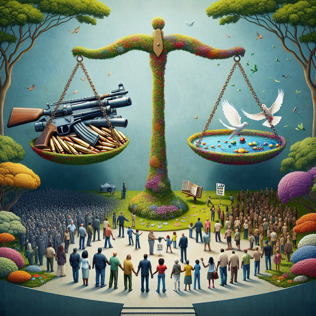 An evocative depiction setting the tone for an article on gun violence: Visualize a peaceful public park, abundant with lush trees and flora of varying colors. To highlight the issue, feature a symbolic combination of diverse peoples from different ethnicities like Caucasian, Hispanic, South Asian, Black, and Middle-Eastern, all interacting peacefully, yet with an air of solemn contemplation. Sprinkle involvement of both genders equally throughout the park. Toward the park's entrance, imagine a large, metaphorical scale. One side holds a handful of bullets, the other holds a weighty law book and a peace dove, tipping the scale favorably toward the latter.
