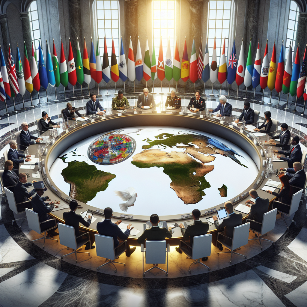 A conceptual image reflecting global security. The foreground features an international table or council set in a round marble hall, with representatives of various nations. Each attendee, a military officer, diplomat, or analyst of different descents such as Caucasian, Hispanic, Black, Middle-Eastern, South Asian, and White, are brainstorming collaboratively. On the table, there are multi-colored blocks representing different types of military aid along with a global map. The background has symbolic elements such as an olive branch, a shield, and a dove, embodying the essence of peace, protection and collaboration. Everyone is working in synergy, exuding an aura of determination, strategy, and camaraderie.