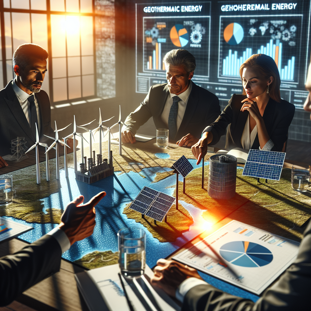 Visualize a scene where industry leaders sit around a table map, with various forms of clean energy symbolically represented. There's sunlight streaming in from a large window, reflecting on a wind turbine and solar panels model on the table. A Pacific Islander man is pointing to the geothermal energy area on the map. A European woman, with a notepad in her hand, looks intently at a hydroelectric dam model. In the background, graphs and charts on a digital screen show data about emission reduction and investment growth. The atmosphere is serious, reflecting the gravity of climate change regulation.
