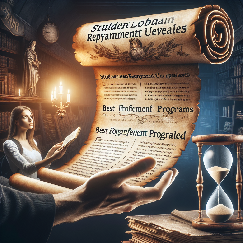 Picture a tightly rolled scroll held aloft, unrolling to reveal detailed information. Within the scroll's text, titles like 'Student Loan Repayment Updates' and 'Best Forgiveness Programs Revealed' are prominent. Behind it, a dimly lit vintage library, books and manuscripts piled high. To the side, a Caucasian female student peering curiously at the scroll, and on the other side, a middle-aged South Asian male professor explaining the scroll details. Also, include an antique hourglass in the foreground, sands flowing - symbolizing time running out.