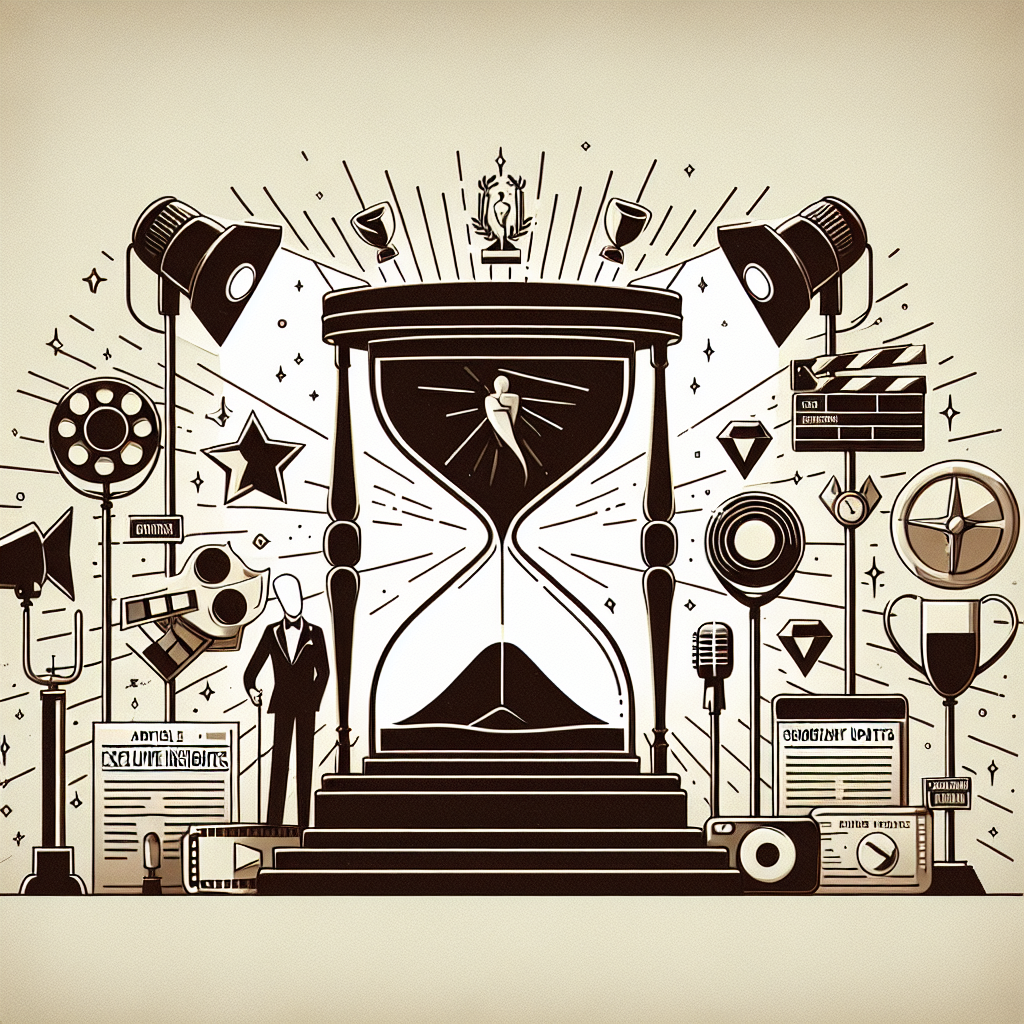 Illustrate an image for an article titled 'Notable Events, Passings, and Significant Updates: Exclusive Insights'. This image should feature a symbolic representation of time, perhaps a grand hourglass in the center, expressing the passage of events. Around it, you can include symbols representing various aspects of fame like a spotlight, award statues, film reels and microphones. Also incorporate symbolic images for articles and news updates, like a newspaper or a smartphone displaying a news app with bold headlines. Keep the background somber and respectful to represent the passing of public figures. The image should be inviting and engaging to readers.