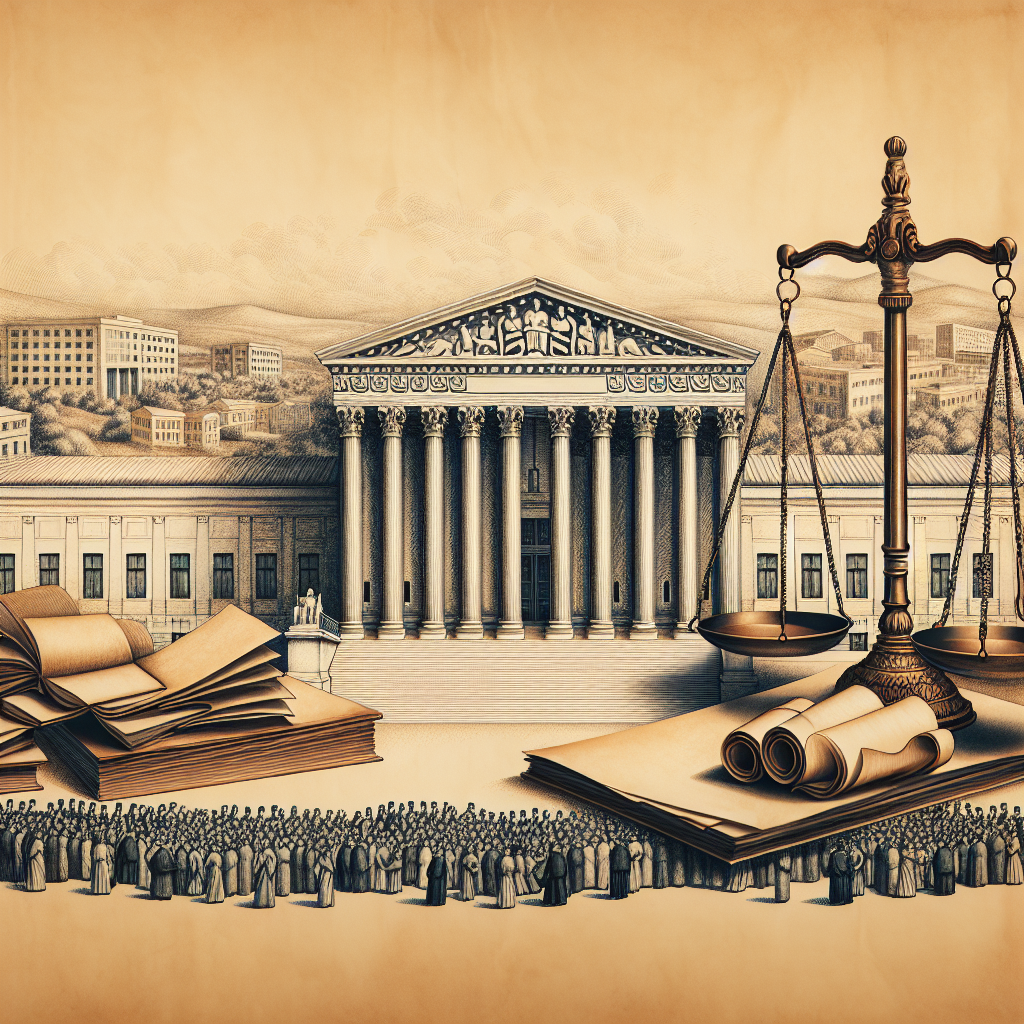 Create an image demonstrating the concept of the US Supreme Court and its role in the decision-making process. The image should show a large building in the architectural style of the early 1900s, representing the Supreme Court building. Alongside, visualize a balanced scale, symbolizing justice, and several folded documents symbolizing legal rulings. On the periphery, depict a diverse, ambiguous crowd of people observing this scene to represent citizens. Please refrain from depicting specific individuals, public figures or contentious issues.