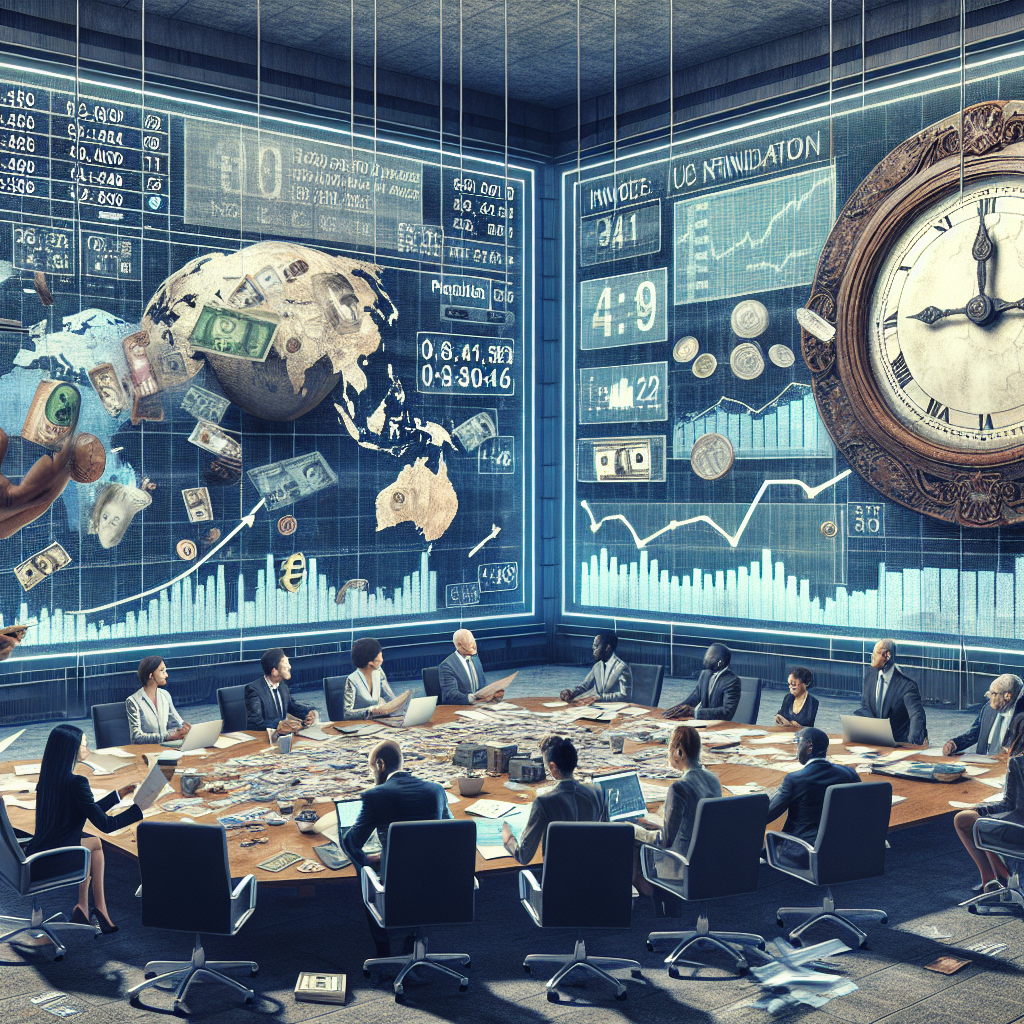 Visualise a conceptual scene for financial regulation in managing inflation. A vast conference room can be seen with professionals: a Caucasian female and a black male economist discussing strategies over a huge table scattered with documents and financial charts. There's a giant digital screen on a wall displaying real-time world currencies, economic indicators and a large graph depicting the rising and falling interest rates. Also, imagine an antique clock in one corner, signifying the passage of time. No other forms or symbols should represent any real entities or individuals.
