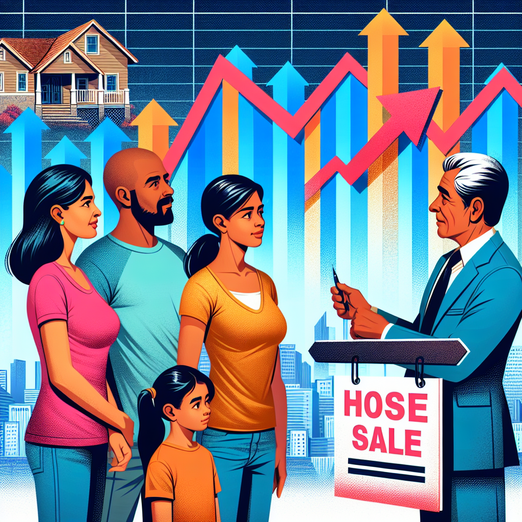 An image exemplifying the US housing crisis. A family viewing a house for sale with a sign indicating high prices. The family members include a middle-aged Hispanic woman, an African American man, and two White teens, one male and one female. In the background, there's a bold, bright graph illustrating a sharp increase in mortgage rates. Maybe add a background image of a wide sprawling cityscape to indicate the widespread nature of the crisis.