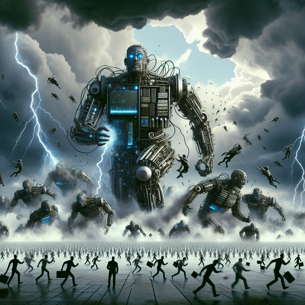 Visualize a metaphorical interpretation of this situation: Gigantic mechanical beings (symbolizing the tech giants) made of steel and circuits, are at the center of a storm, battered by powerful winds and lightning (metaphor for the massive layoffs). In the foreground, smaller figures (representing employees) are being cast away by the storm's wind. However, a few determined figures are seen holding onto the ground with resilience indicating survival. Add a dramatic sky filled with dark storm clouds.