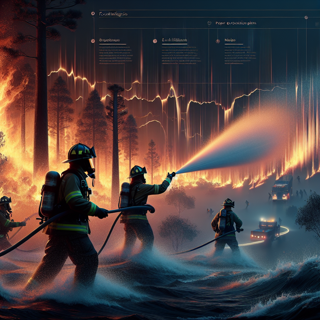 A dramatic scene unfolds at dusk with firefighters of diverse descents and genders working hard to douse a raging forest wildfire. The immense heatwaves are visualized as fuzzy distortions in the air. The brilliant orange and red flames illuminate the nearby trees, creating stark silhouettes. In the foreground, a South Asian female firefighter, dressed in protective gear, propels a powerful stream of water towards the fiery inferno. A black male firefighter in the background directs operations, his hand raised in commanding gestures. May include factual infographics on strategies like creating firebreaks or proper evacuation plans.
