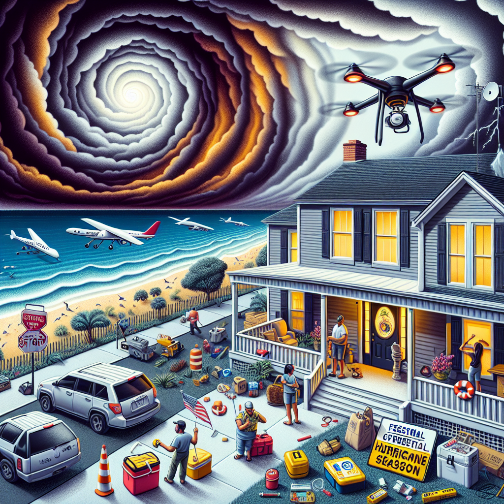 A detailed scene representing an essential hurricane season alert. Depict a home in the middle of a coastline, with dark storm clouds on the horizon signalling the approach of a hurricane. Close by, a South Asian couple is busy securing their windows with storm shutters. In the sky above, a drone – representing modern technology – is collecting meteorological data. At the edge of the scene, a Hispanic town official is informing neighborhood residents through a loudspeaker about updates from FEMA. Scatter around a few hurricane preparedness items like batteries, bottled water, and first aid kits.