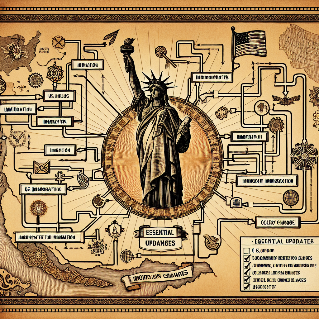 An illustration visualizing the complex process of policy changes, depicted in the style of an antique map or flowchart. The central theme would be 'US Immigration' represented by an iconic symbol such as the Statue of Liberty. Various paths on this journey map would represent different immigration routes, each path being altered, added, or removed to symbolize policy changes. A side bar could show a checklist entitled 'Essential Updates', with each point presented as a parchment scroll. Progress can be represented by a bar at the bottom filling up as the policies change and evolve.