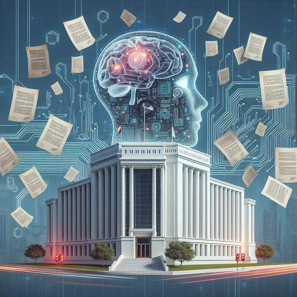 Create a detailed image of a large, iconic white building representing government authority, with illustrated documents symbolizing regulations, floating around it. Include abstract, digital elements that signify Artificial Intelligence such as circuit board patterns or neural network diagrams. The image should convey the concept of the interaction between Artificial Intelligence and regulations.