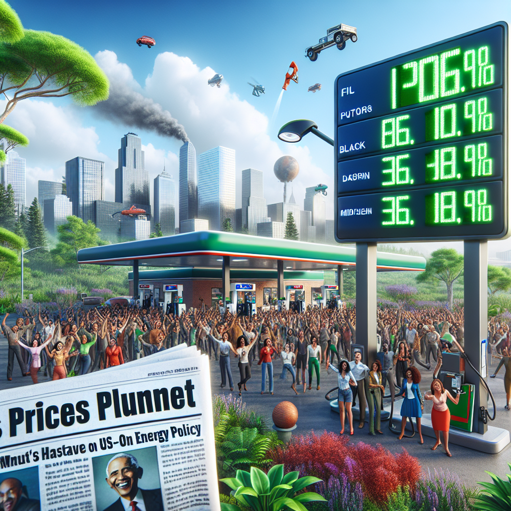 Visualize a dramatic scene of a gas station with fuel prices shown on a large, digital sign reading a significantly reduced cost per gallon. Surround this area with a bustling, urban environment, enclosed with verdant vegetation to signify a sustainable energy policy. Feature a large newspaper at the foreground whose headline indicates 'Gas Prices Plummet: Must-Have on US Energy Policy'. Populate the scene with diverse group of happy patrons of different genders and descents, including Hispanic, Black, White, Middle-Eastern, and South Asian. The sky should be bright, indicating a promising future for energy policy.
