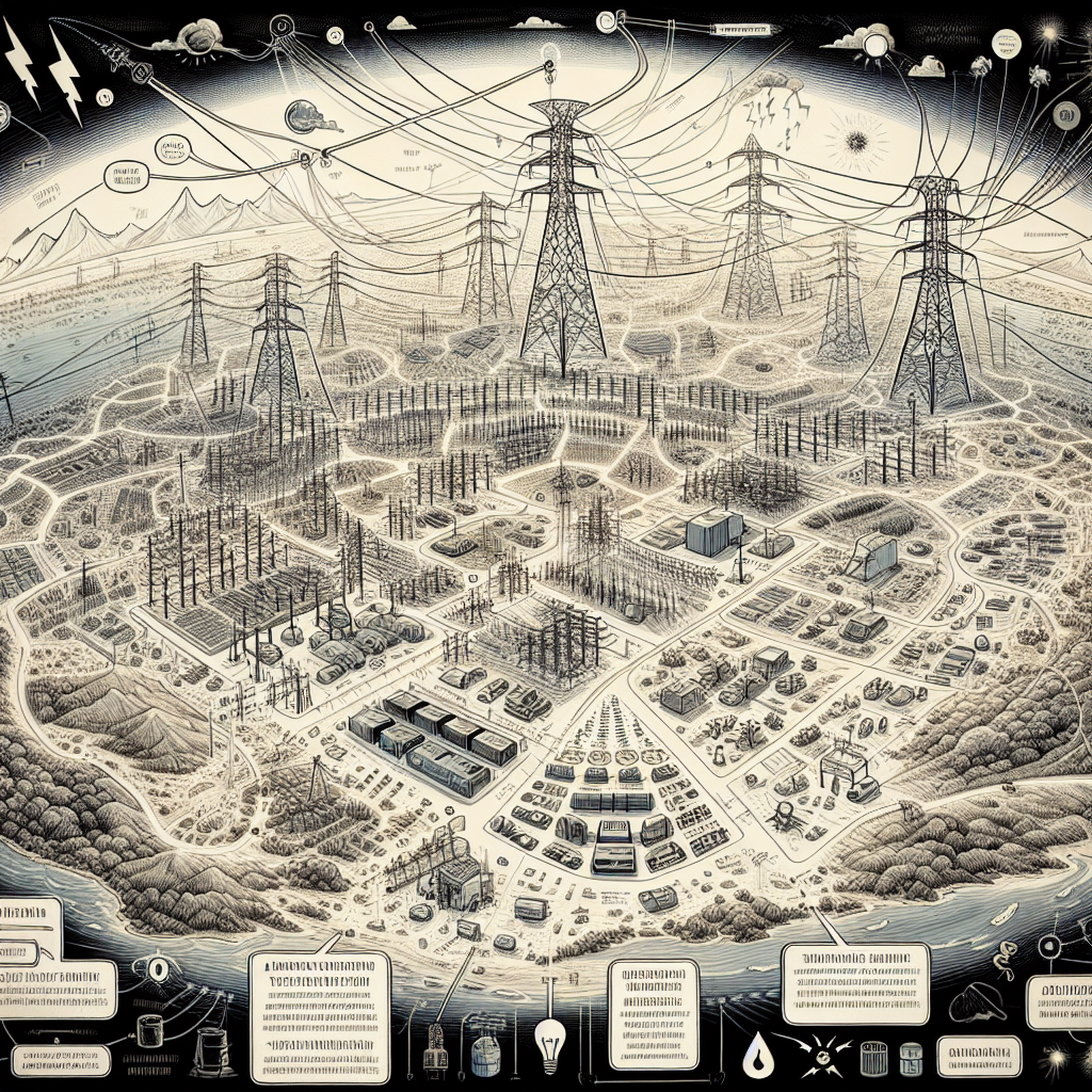 A comprehensive illustration of a sweeping power grid drawn in a slightly exaggerated, diagrammatic style. The grid should be vast, filled with nodes, power stations, and transmission lines, reflecting the scale of a nationwide network. It covers an expansive geographical area, encompassing different types of terrain, from mountains to flatlands, from coastal areas to densely populated cities. Over this image, add broken lines and lightning symbols, symbolizing the grid malfunctioning. Overlay the scene with information boxes detailing the major strategies used to prevent nationwide blackout. All elements should be adequately annotated for clarity.