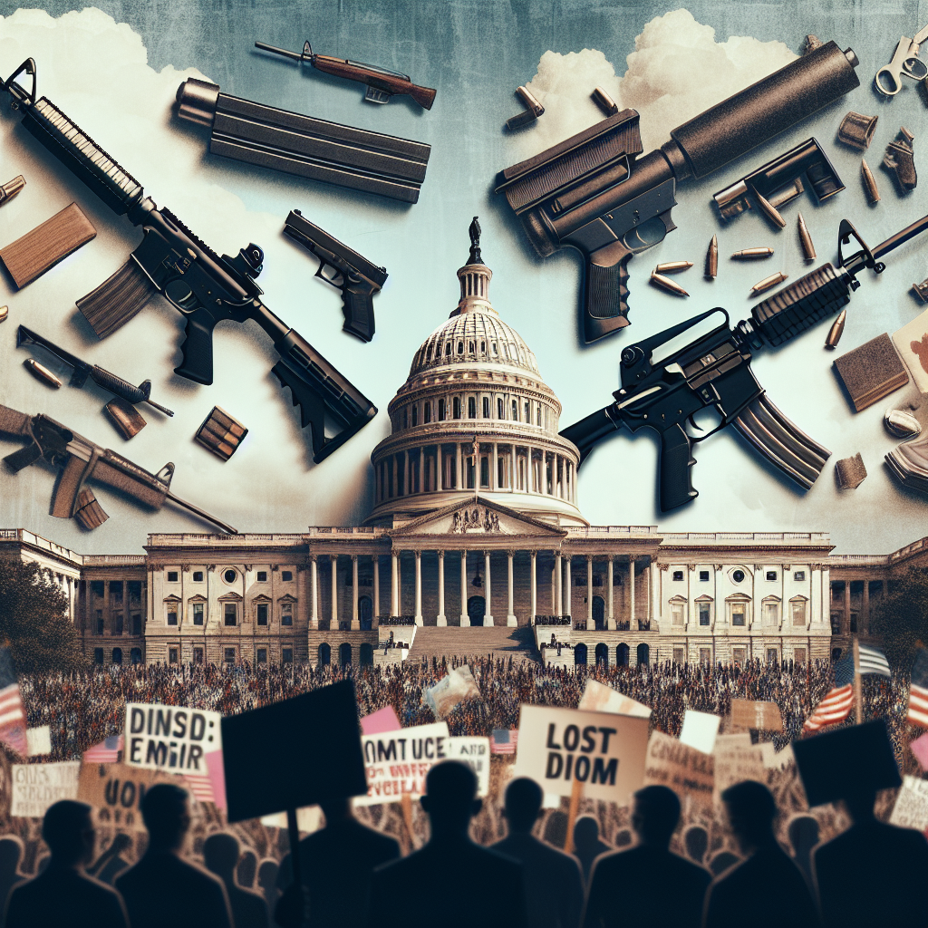 An image highlighting the urgent need for federal legislation to address gun violence. The foreground could show different types of firearms, symbolizing the diversity of the problem. Another element can include signs, banners, and placards, maybe some held by a multi-ethnic crowd, demanding legislative change. In the background, there should be an imposing government type building, reflecting the body that needs to act. The overall mood should emphasize the urgency and severity of the situation, using muted, serious colors. Use visual metaphors and symbols to capture the idea of possible reform and the struggle against violence.