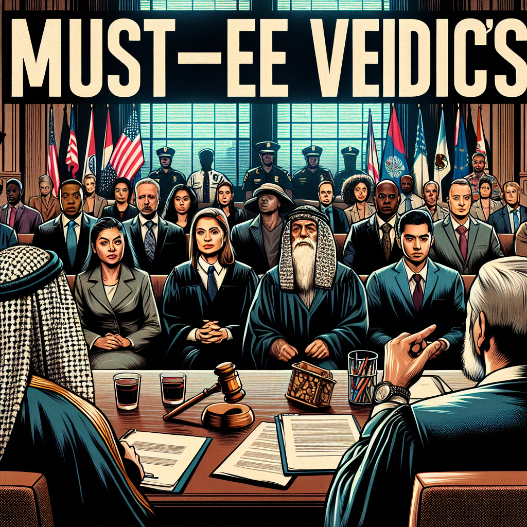 A dramatic courtroom scene during a high-profile criminal trial in the US. Visualize a diverse array of people such as a Middle-Eastern male judge, a South Asian female prosecutor, and a Hispanic male defense attorney. The jury should be a mix of various descents and genders. Display the tension and anticipation in the room as everyone awaits the verdict. Incorporate elements such as the judge's gavel, legal documents, and the American flag. The headline 'Must-See Verdicts' can be seen in a bold, eye-catching font above the scene.