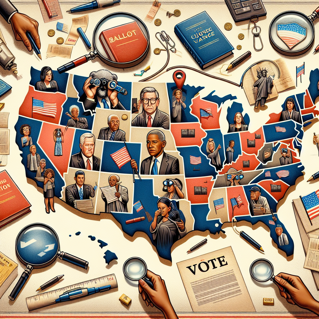 Create a complex, yet straightforward image that depicts a representation of the changing landscape in voting laws post the United States election. Present a visually informative and intriguing map of the U.S. draped with symbolic elements like ballots, law books, a selection of office supplies such as pens and highlighters indicating amendments and changes. Pair these with navigation symbols to provide a visually intuitive guide. Include a diverse group of individuals with a Caucasian man and woman, a Black man, a South Asian man, and a Hispanic woman, each holding magnifying glasses, scrutinizing the changes while collectively navigating their way around the map to symbolize the democratic process.