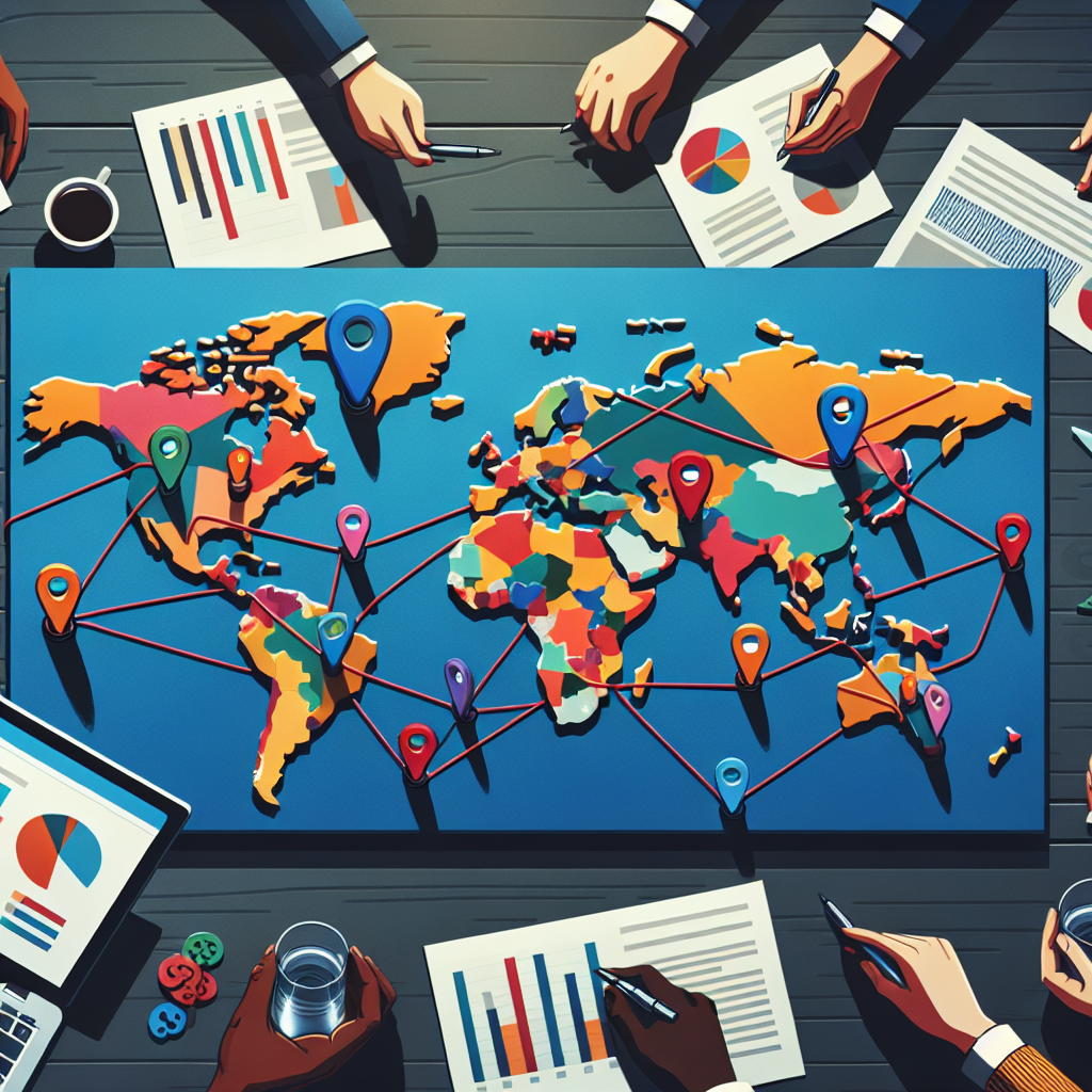 Illustration of a global map displayed on a plain, dark wooden table, containing multiple brightly coloured pins signifying different countries. Each pin is attached to a red string that connects it to several slips of paper, each listing potential strategies and resources; these dips are neatly scattered around the table. Close by, there's a silver laptop displaying a detailed bar graph indicating aid allocation data. There are hands of diverse individuals, one each belonging to a Caucasian woman, a Black man, a Hispanic man, and a South Asian woman, engaging in strategy discussion and making notes.