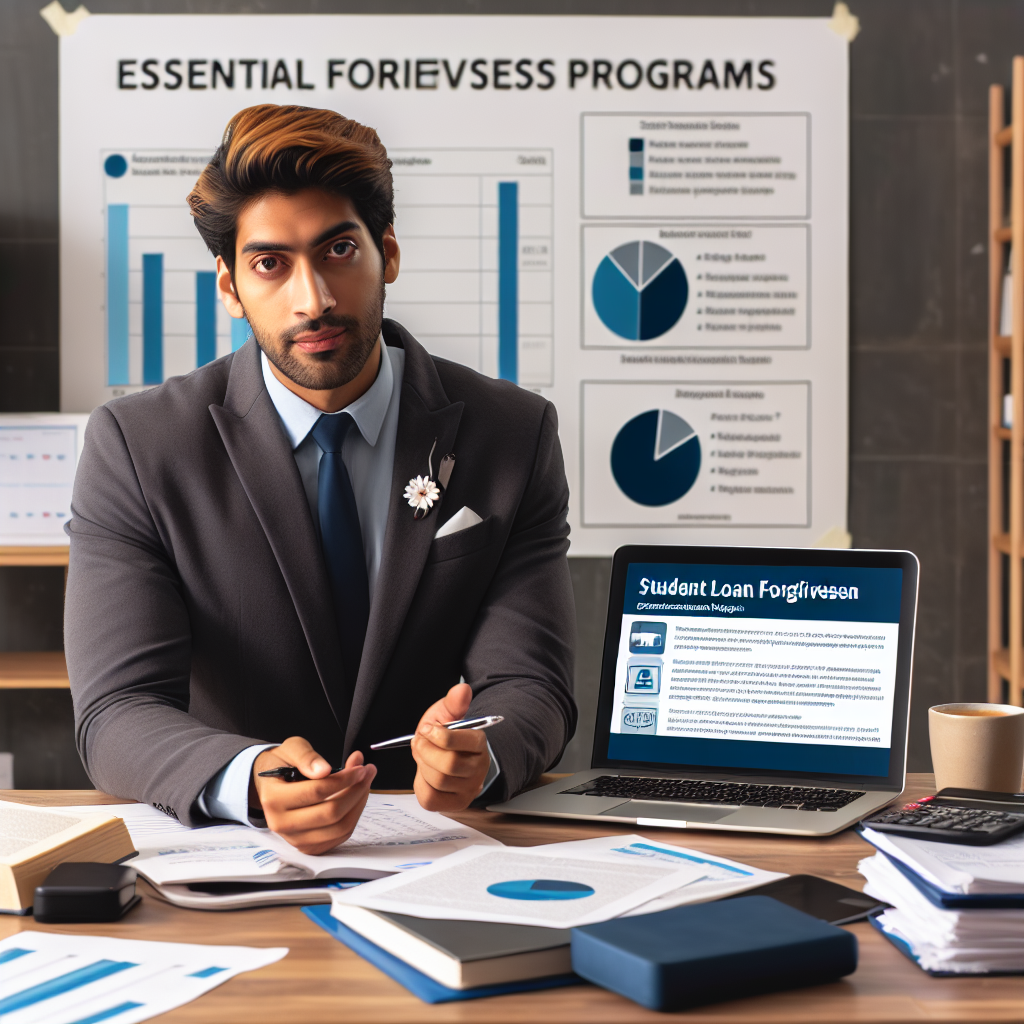 An image of a male South Asian financial adviser explaining student loan forgiveness programs. He's sitting at an office desk filled with financial reports, a coffee cup, a calculator, and a laptop. The screen of the laptop displays a webpage with the title 'Essential Forgiveness Programs'. On the wall behind him, a chart that shows different types of student loans and their repayment structures. He holds a pen and seems to be explaining something important while looking towards the viewers.