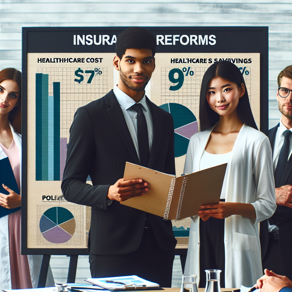 Depict a professional scene embodying the concept of reducing healthcare costs, featuring a diverse group of individuals. Include an East Asian woman, and a Black man, both dressed in business attire, standing near a board displaying pie charts and graphs demonstrating healthcare cost savings. To reflect 'Insurance Reforms', include several documents labelled 'Policy' on the table. Furthermore, illustrate a Caucasian healthcare professional in a white coat, holding and studying one of the 'Policy' documents. Convey a positive atmosphere, as this is about effortless ways to decrease expenses.