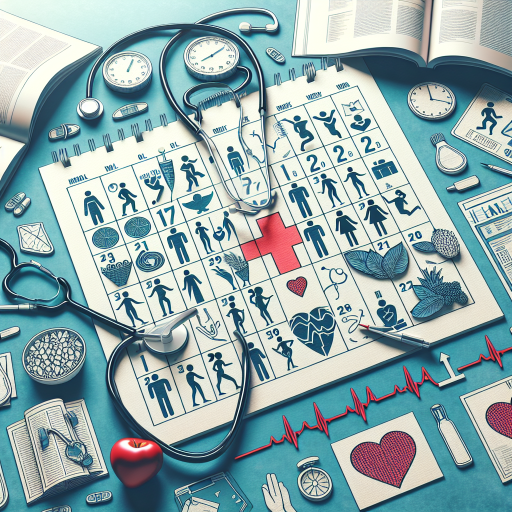 A picture featuring a symbolic illustration for a health update. Visualize a calendar showing various important dates that could indicate milestones, with a prominent red cross marking current date. Around the calendar, illustrate various health symbols including stethoscope, heart rate line running on the edges, and images of healthy food like fruits and vegetables. Have a few magazines open displaying generic articles about health and wellness. Next to this, place a figure representing a public figure - a silhouette inclusive to all genders and races - maybe doing some exercise like jogging or doing yoga.