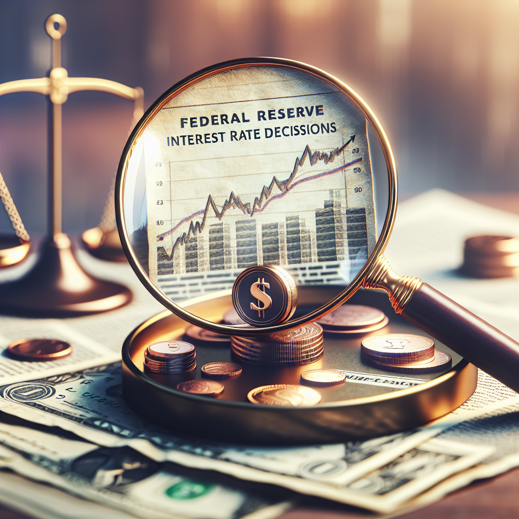 Image of a symbolic representation of the Federal Reserve Interest Rate decisions. A large magnifying glass focuses on a document titled 'Federal Reserve Interest Rate Decisions.' The document shows a graph with an upward trending line, indicating a positive outlook. Coins and dollar bills are scattered around, and a small economy icon hovers above a small bronze scale balancing two weights. This scene occurs on a desk setting under a soft, warm light. The background has some abstract soft images of skyscrapers, perhaps signifying the financial district.