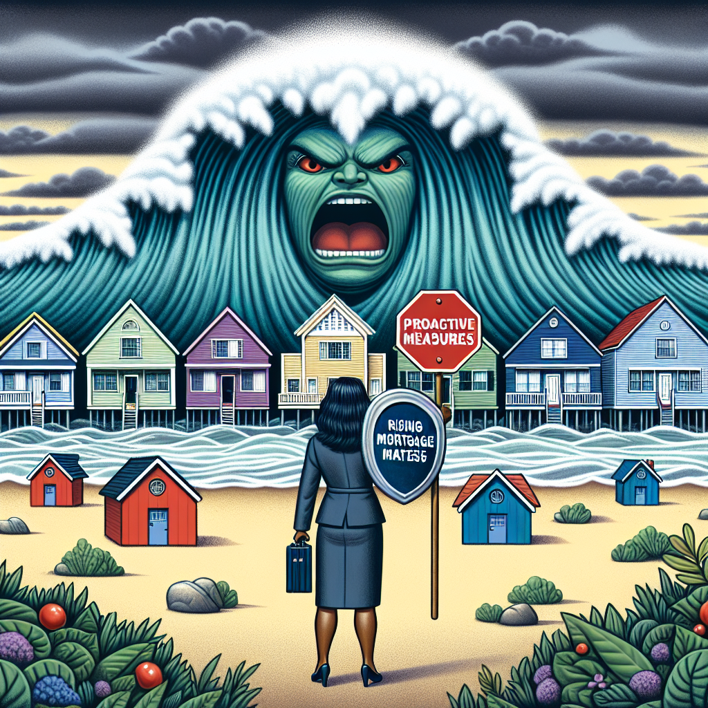 An illustration representing the American housing market crisis. A gigantic wave labeled 'Rising Mortgage Rates' is preparing to crash over a row of small colorful houses lined near the beach, symbolizing the average American homeowner. In the center, a strong, courageous and wise individual, a Hispanic woman, wearing business attire is bravely standing firm with a shield marked 'Proactive Measures' against the wave. The sky is gloomy signifying the threat, but a silver lining on the horizon implies hope for overcoming the crisis.