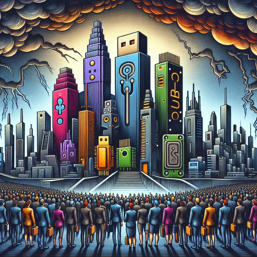 Picture a large, imposing metropolis representing the domain of Tech Giants. In the skyline, prominent structures designed like USBs, microchips, and computer monitors stand tall. The sky is dark and stormy, articulating a gloomy atmosphere symbolic of layoffs. In the midst of this scenario, illustrate multiple figures - a diverse group of employees in terms of race and gender. Each person portrays emotions of resilience and determination, holding tools representing their skills and talents, implying their strategies for survival. Use vibrant shades to highlight their figures in contrast to the ominous surrounding.