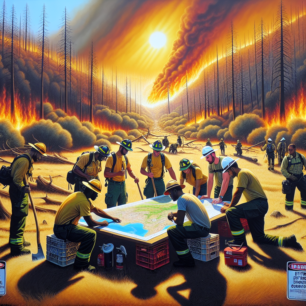 A vivid depiction of a summer scene in a dry forest. The sun beats down in the midday peak, casting strong, contrasting shadows across the landscape. A group of firefighters, diverse in gender and race, including Black, Hispanic and Caucasian women and men, can be seen strategizing in the foreground. They are pouring over a detailed map spread out on a makeshift table made of crates. Tools, such as axes and fire extinguishers, are at their side. In the distance, smoke billows ominously, beginning to obscure the horizon. Signage around them indicates an extreme heatwave warning.