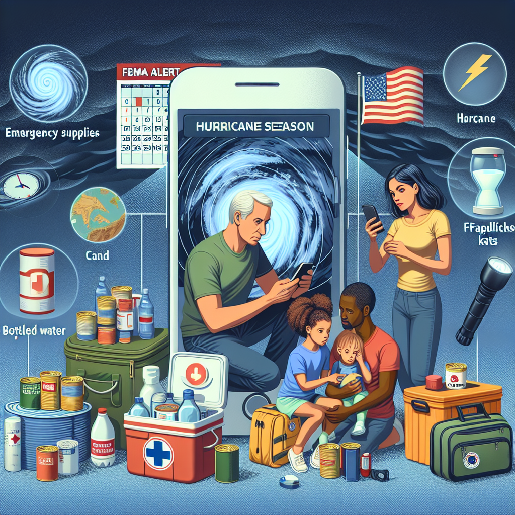 An informative image showcasing essential elements of emergency preparedness for the hurricane season. This image should highlight a radar view of a looming hurricane, alongside the implementation of various safety measures, such as stocked emergency supplies like canned food, bottled water, flashlights, and medical kits. It should also show a family, with a Caucasian father, a Black mother, and mixed-race children, meticulously examining a FEMA alert on a mobile device. The atmosphere should convey a sense of urgency, yet readiness. Perhaps include cues indicating the preparation stage, such as a calendar marked with possible hurricane dates.