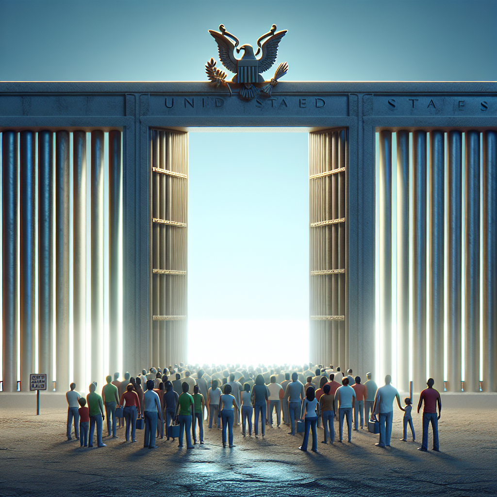 A conceptual image representing US immigration policy updates. The image includes tall gates slowly opening to reveal a bright horizon beyond. The gates are finely crafted, giving an impression of strength and security. They are embedded in a border wall that tapers at the sides. An emblem of an eagle, signifying the United States, is perched on top of the gate. Some individuals of diverse descents such as Caucasian, Hispanic, Black, Middle-Eastern, and South Asian, both males and females, are seen waiting eagerly at the threshold. No identifying uniforms, flags, or badges are visible.