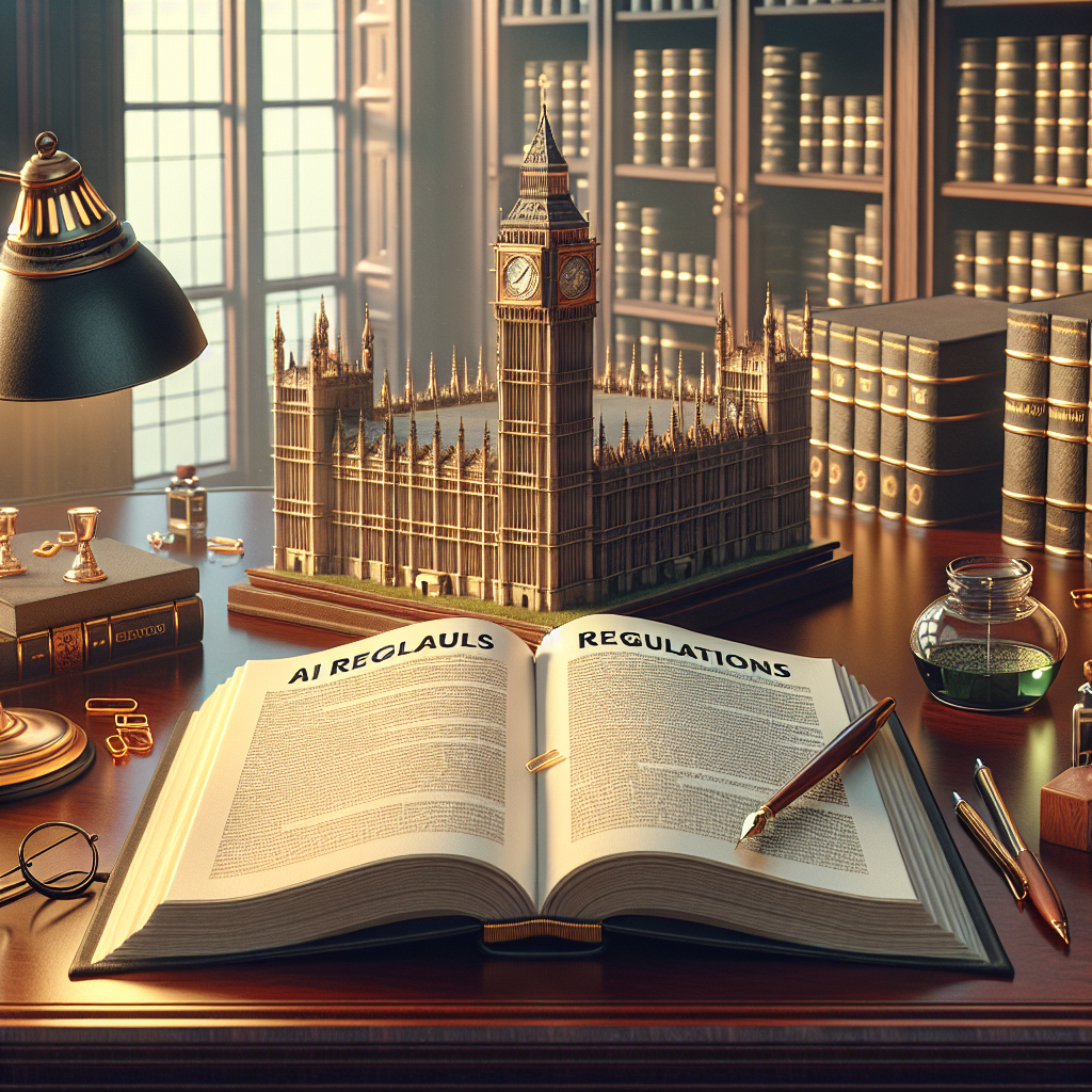 Visual depiction of an open book titled 'AI Regulations' laying on a mahogany table, with key points highlighted. An iconic building representing policy-making, but not a specific one, stands in the background. The table isn't cluttered but has items represented, such as a classic quill pen, an ink pot, and a round-rimmed spectacles which signifies scholarly approach. The setting looks like a classic study room with large bookshelves surrounding. A soft golden light spills from a classic desk lamp illuminating the immediate surrounding while maintaining a soothing ambiance.